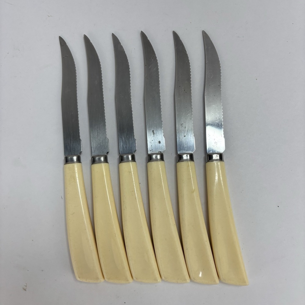 Vtg Quikut (6) Stainless Steel Steak Knives Cream Handles 7¾" USA MCM